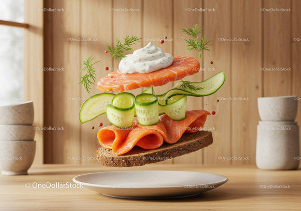 Fresh salmon sandwich with cucumber and dill cream