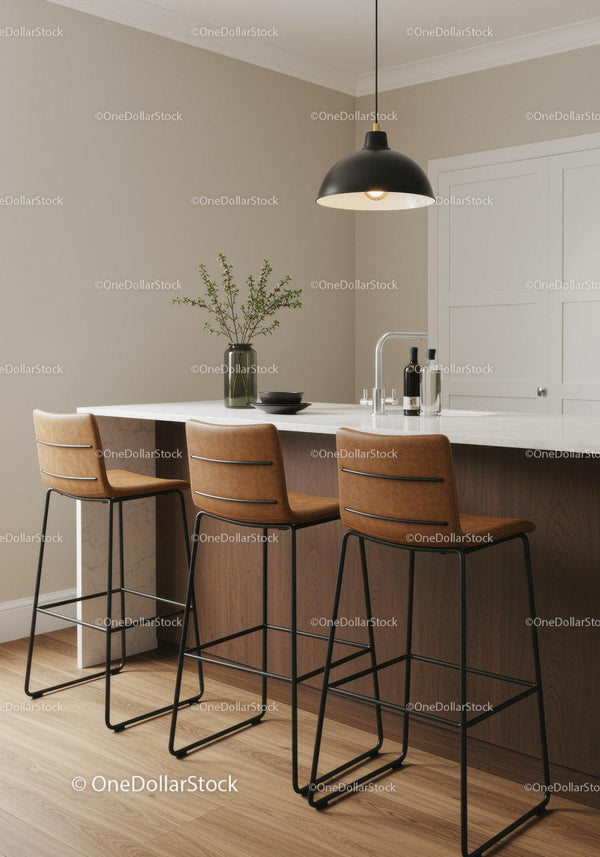 Contemporary Kitchen with Wooden Bar Stools and Minimalist Decor