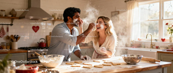 Couple Playfully Baking Heart Cookies in Sunlit Kitchen