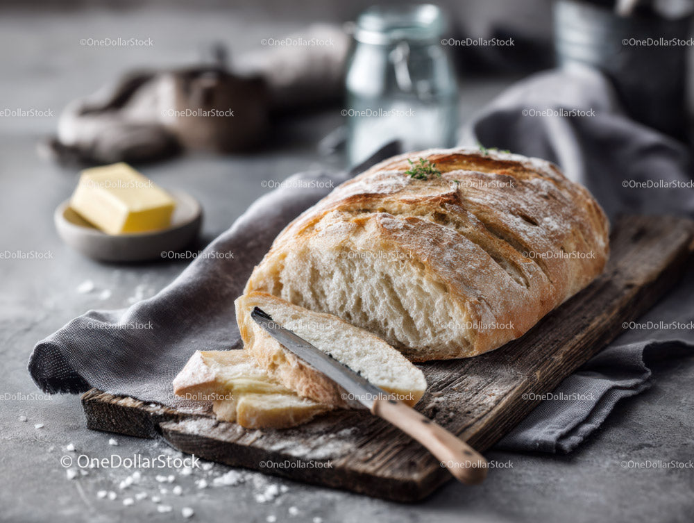 Rustic Fresh Bread on Wooden Cutting Board with Butter and Ingredients