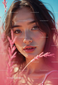 Vibrant Summer Portrait of a Young Woman with Blue Eyes and Wavy Hair
