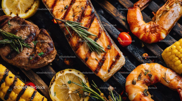 Grilled Salmon with Shrimp Cherry Tomatoes Lemon and Corn