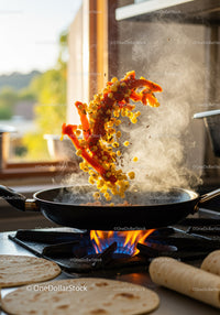 Sizzling peppers and corn sauteed in a hot pan