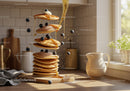 Stack of fluffy pancakes with blueberries and syrup splash