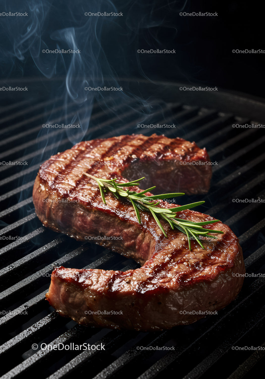 Juicy steak grilling with fresh rosemary on black grill