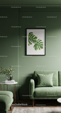 Stylish Green Living Room with Monstera and Cozy Sofa