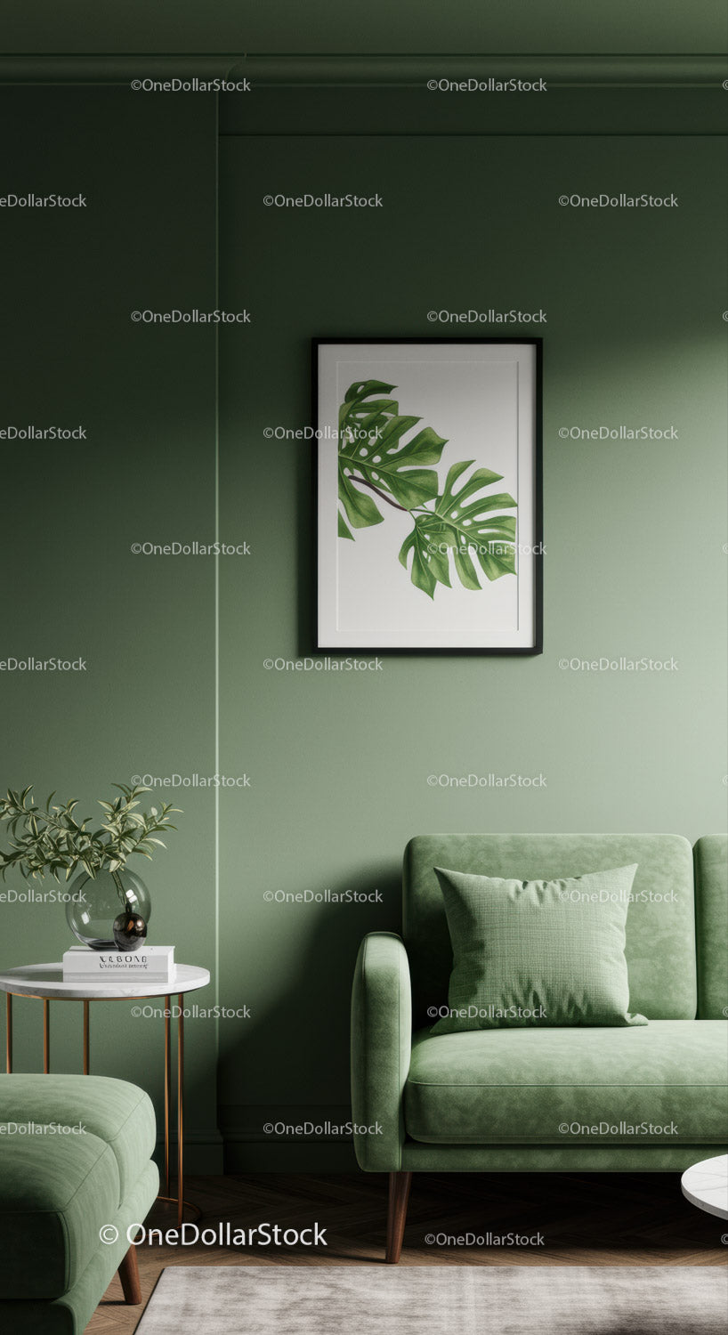 Stylowy zielony salon z Monsterą i przytulną sofą