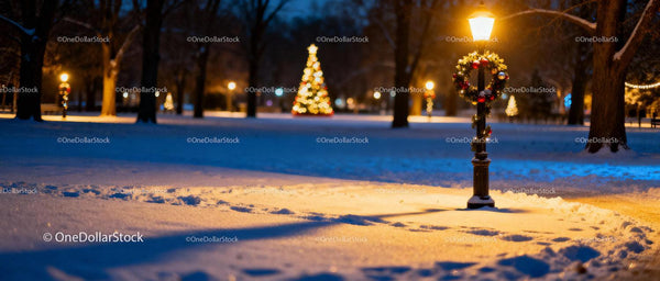 Snowy Park Path Illuminated by Festive Lamp Post