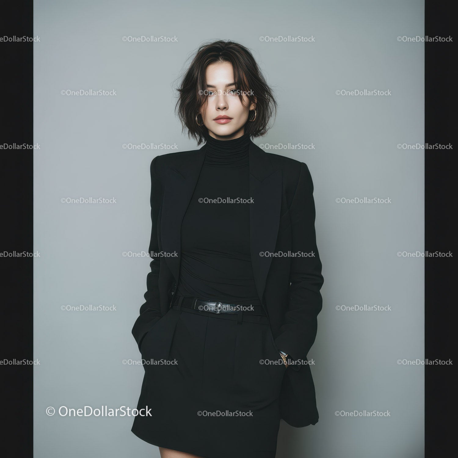 Fashionable Woman in Black Suit Standing Confidently