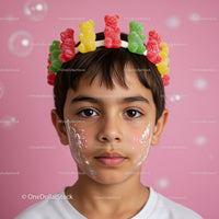 Child with Gummy Bear Crown and Face Paint on Pink Background