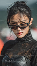 Confident Young Woman in Stylish Black Outfit and Sunglasses