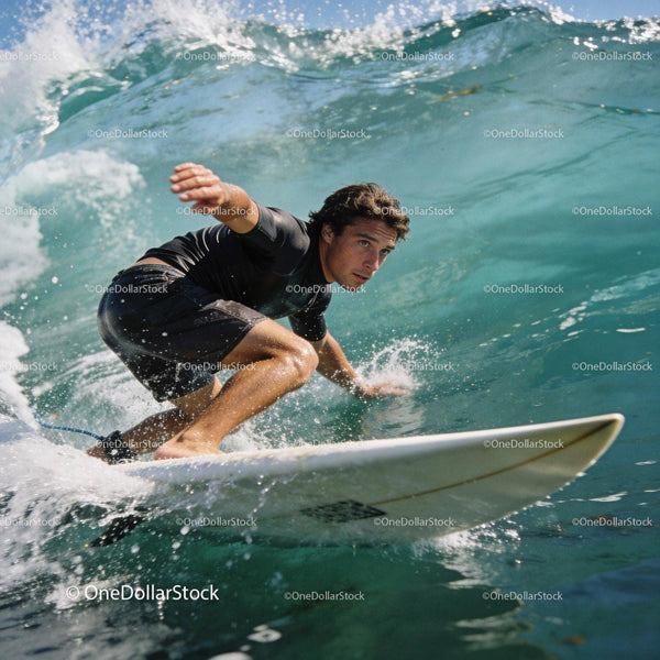 Focused male surfer riding a powerful ocean wave