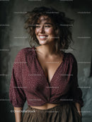 Joyful Woman in Red Blouse with Patterned Skirt and Curly Hair