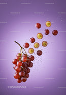 Fresh Red Grapes Splashing in Water on Purple Background