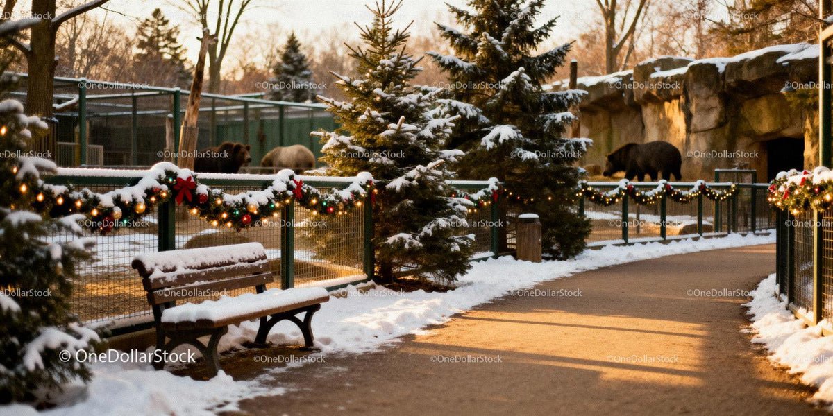 Winter zoo path with snowy bench and festive decorations