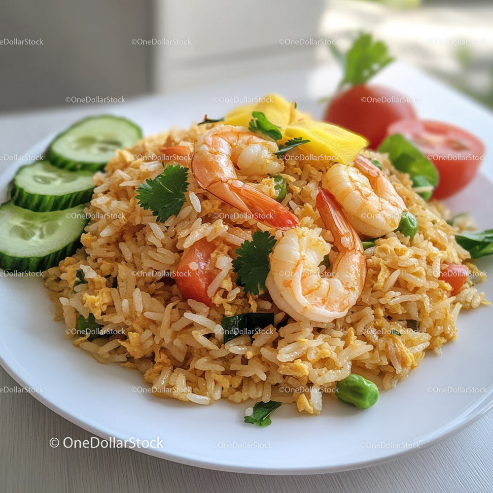 Seafood Fried Rice with Shrimp and Vegetables in Asian Style