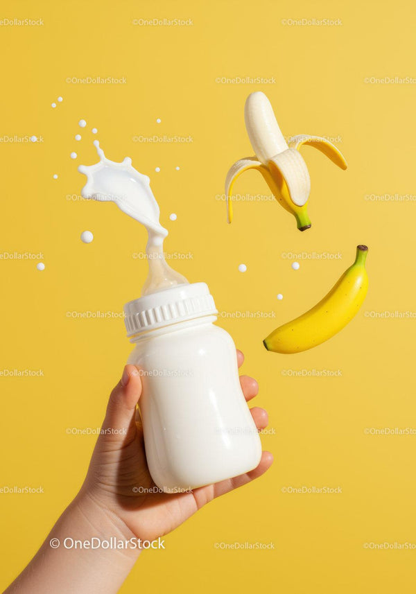 Hand holding baby bottle with milk splash and bananas
