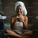 Happy Woman with Towel on Head Drinking Coffee in Spa Bathroom