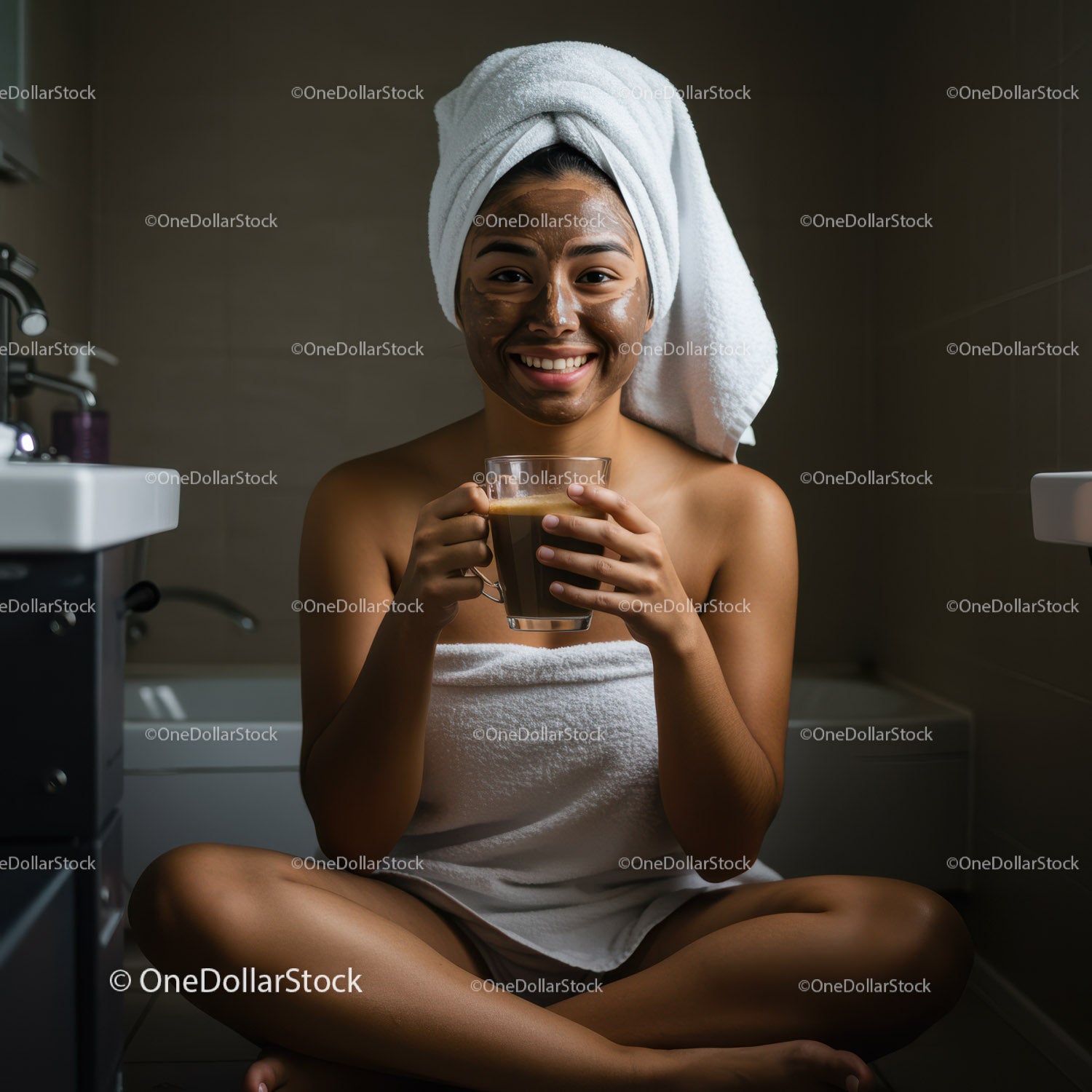 Happy Woman with Towel on Head Drinking Coffee in Spa Bathroom
