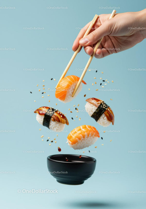 Assorted sushi nigiri floating above dipping bowl