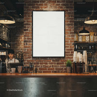 Cozy coffee shop counter with blank menu board