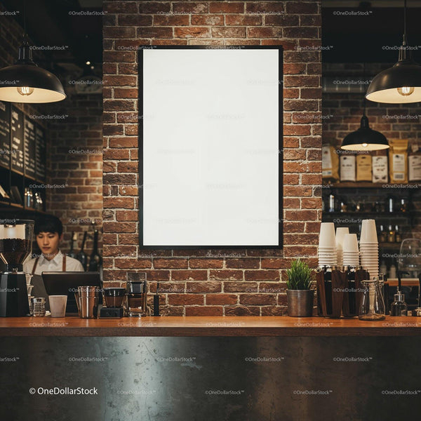 Cozy coffee shop counter with blank menu board JPG Mockup Image