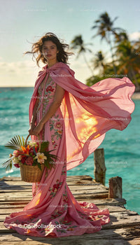 Elegant woman in floral dress holding basket by ocean