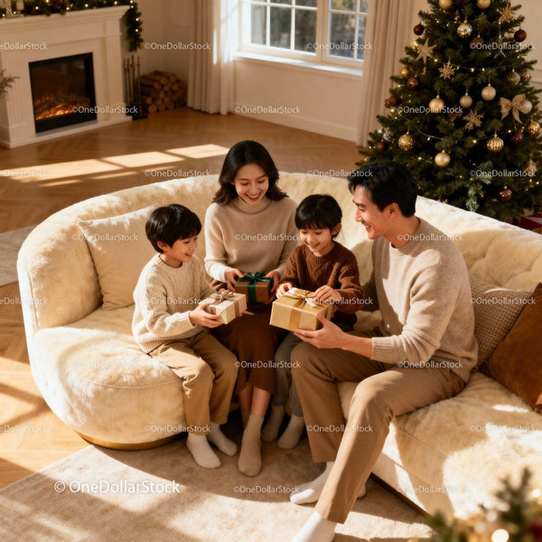 Family exchanging gifts by Christmas tree on cozy sofa