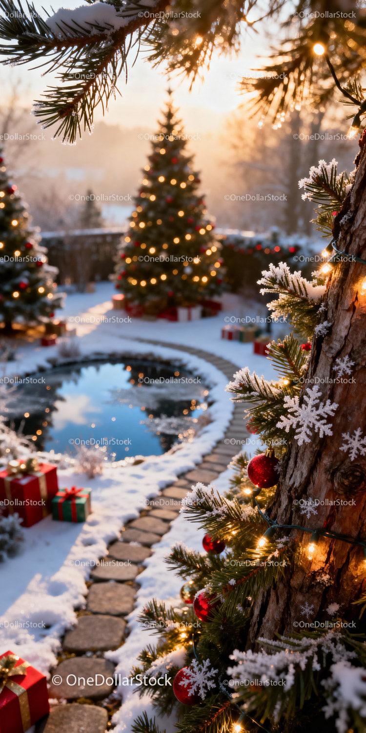 Cozy snowy garden with decorated Christmas trees and lights