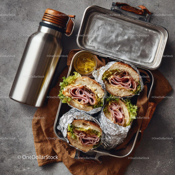 Fresh Ham and Cheese Sandwiches in Aluminum Foil with Oil and Thermos