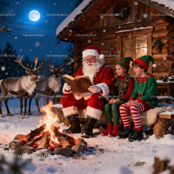 Santa Reading Story to Elves by Winter Campfire