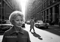 Elderly Woman in Busy City Street Surrounded by Vintage Cars