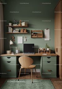 Minimalist Home Office with Green and Wooden Elements for Productivity