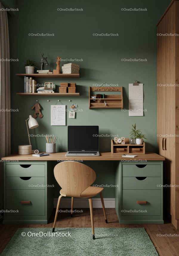 Minimalist Home Office with Green and Wooden Elements for Productivity
