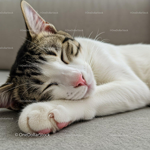 Peaceful tabby cat sleeping with paws curled