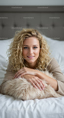 Relaxed young woman with curly hair resting on fluffy pillow