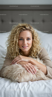 Relaxed young woman with curly hair resting on fluffy pillow