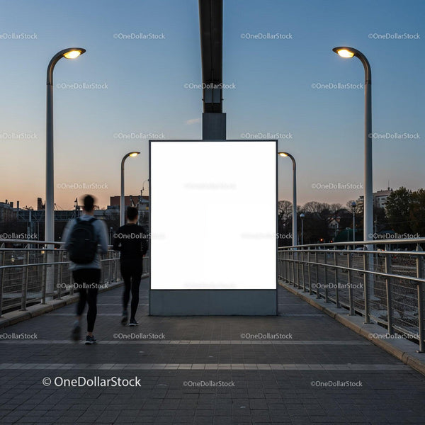 Empty billboard on urban bridge at dusk with two joggers JPG Mockup Image