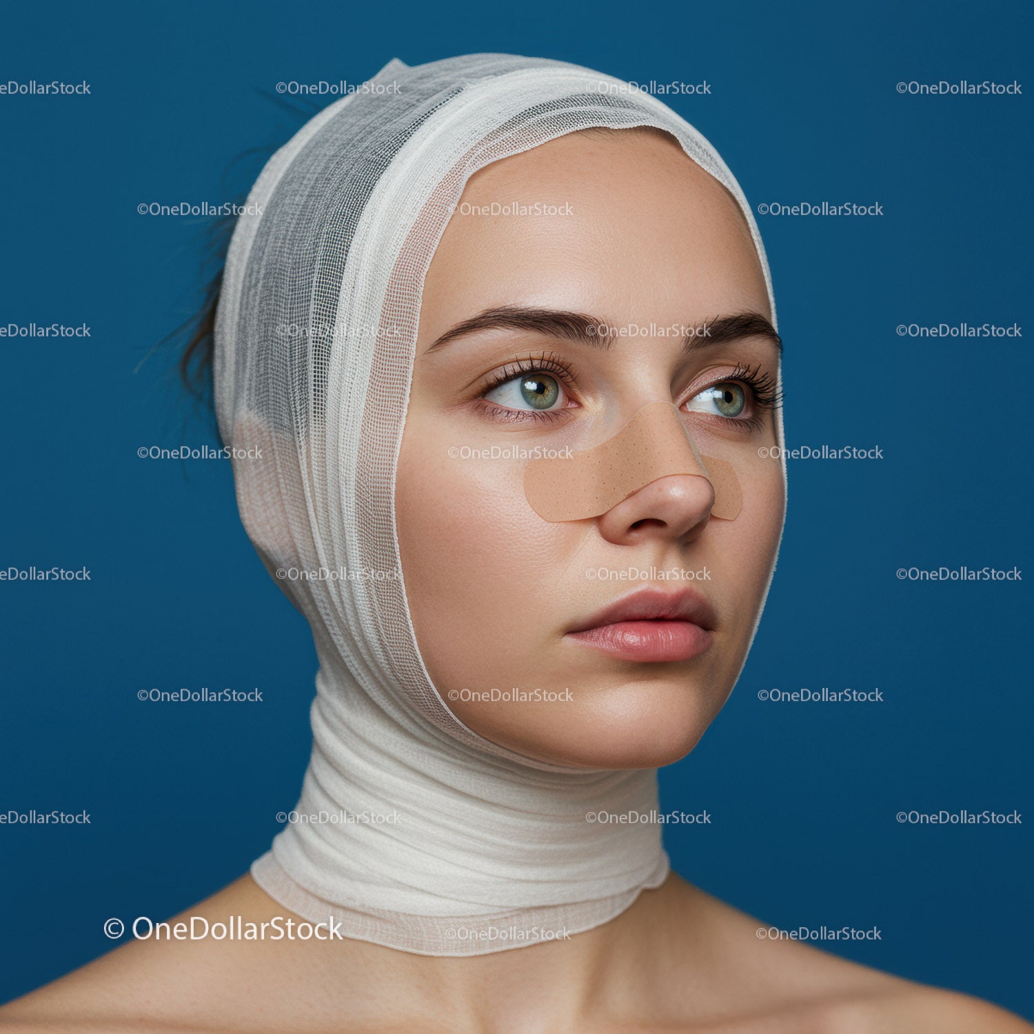 Woman with Facial Sheet Mask and Head Bandage in Skincare Routine