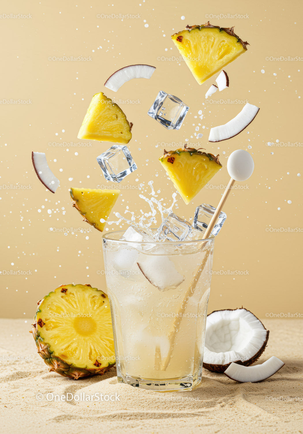 Refreshing Pineapple Coconut Drink with Ice Cubes Splash
