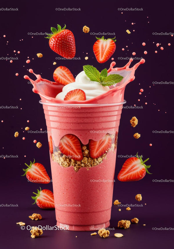 Fresh strawberry smoothie with granola and cream topping