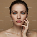 Young Woman with Clear Skin and Bright Blue Eyes in Close-Up Portrait