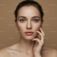 Young Woman with Clear Skin and Bright Blue Eyes in Close-Up Portrait