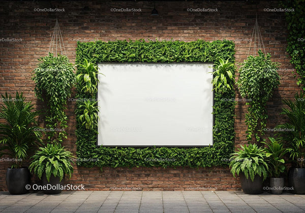 Empty whiteboard framed by lush green plants on brick wall JPG Mockup Image