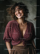 Young Woman with Curly Hair Wearing Boho Style Attractively Smiling