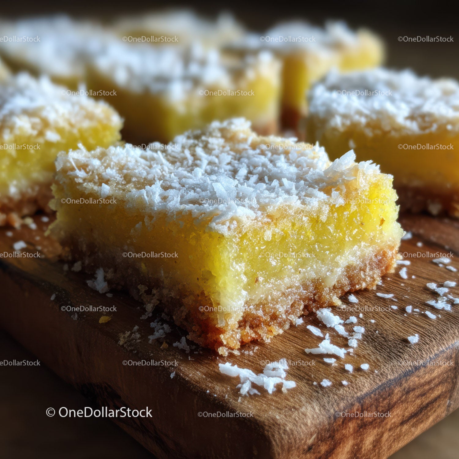 Creamy Coconut Bites on Wooden Board with Coconut Flakes