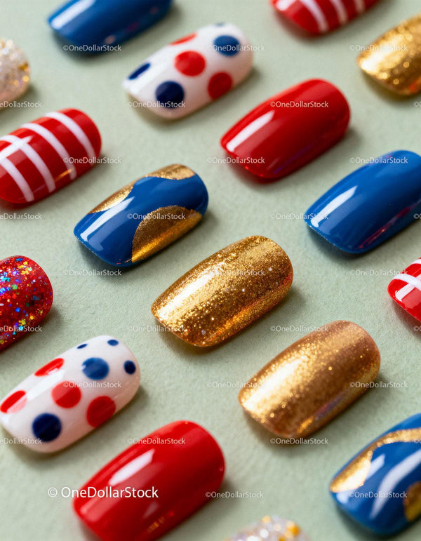 Colorful set of decorative false nails on light surface