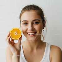 Young Woman Smiling with Fresh Orange Slice in Bright Portrait