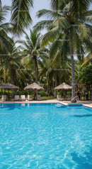 Tropical Poolside Scene with Palms and Lounge Chairs