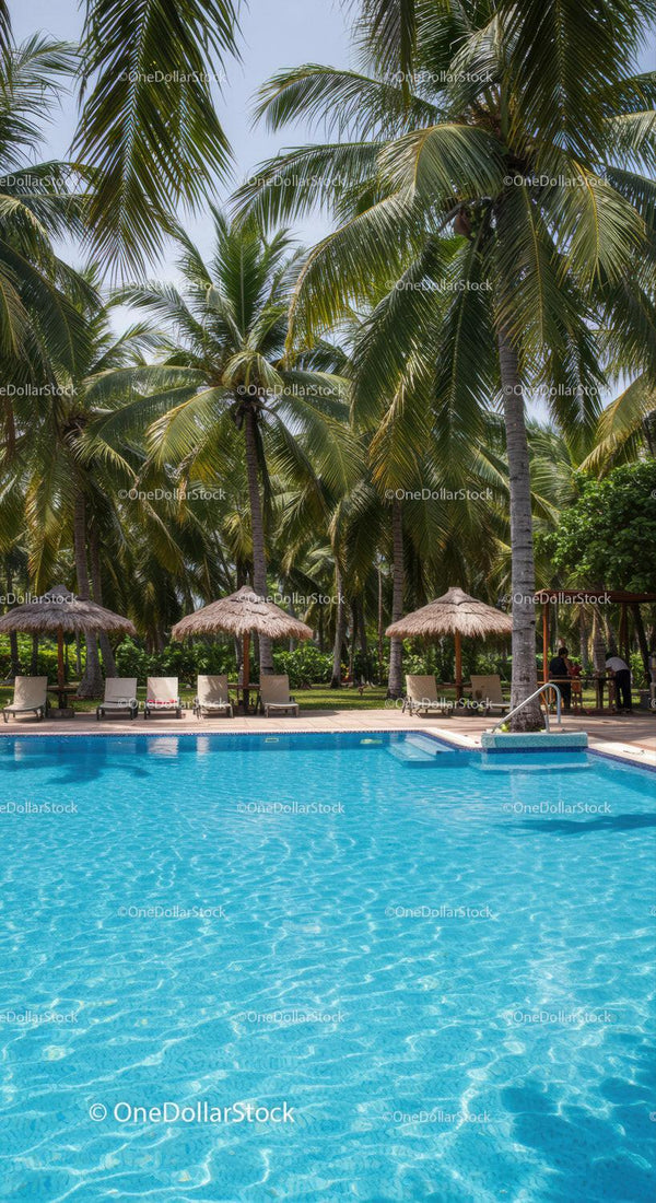 Tropical Poolside Scene with Palms and Lounge Chairs